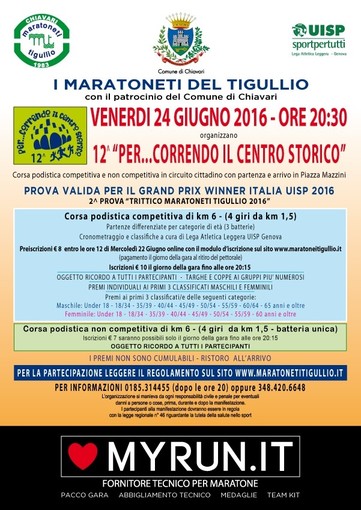 In programma venerdì sera a Chiavari &quot;Per...correndo il centro storico&quot;, gara organizzata dai Maratoneti del Tigullio