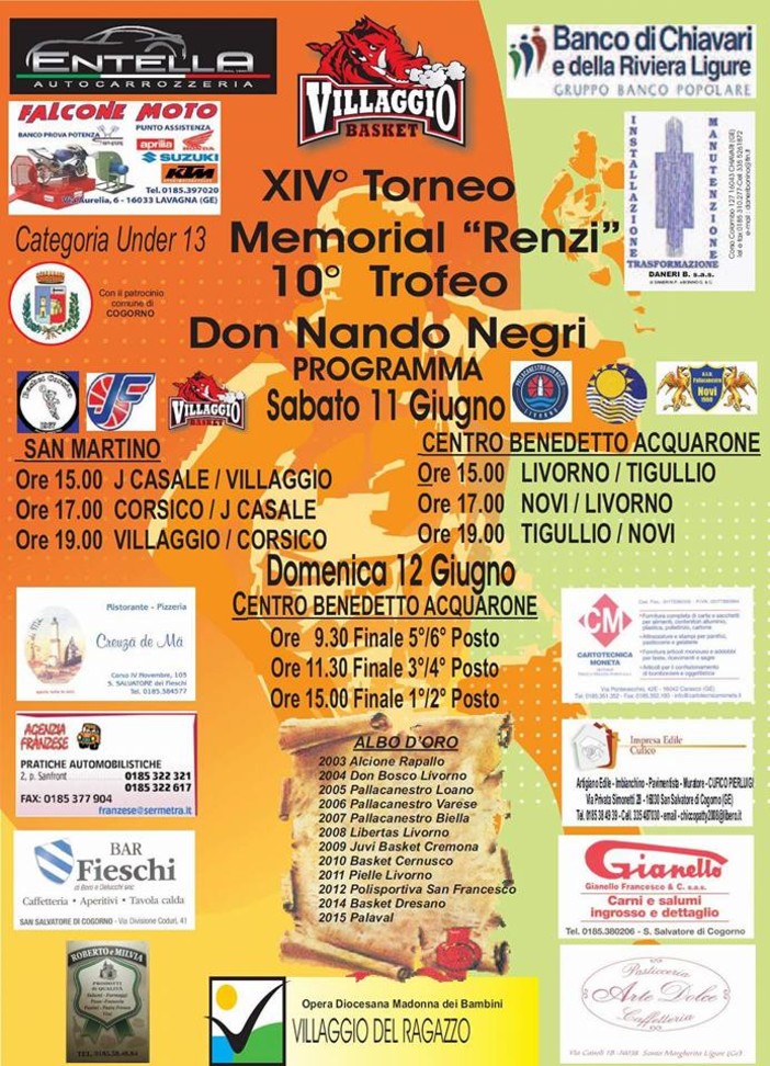 Il memorial &quot;Romano Renzi&quot;, valevole anche come trofeo &quot;don Nando Negri&quot;, organizzato dal Villaggio Basket San Salvatore, è in programma sabato e domenica