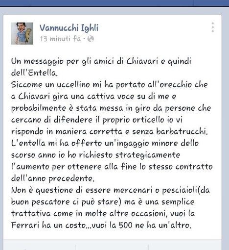 Il post di Vannucchi sulla sua pagina di Facebook.