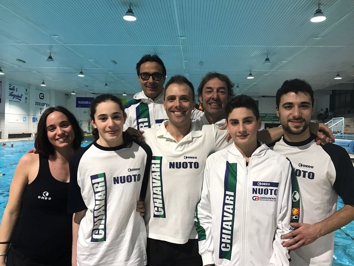 Matteo Ghiselli e Aurora Aliu, in partenza per i campionati nazionali Ragazzi, con tutto lo staff natatorio della Chiavari Nuoto Matteo Ghiselli e Aurora Aliu, in partenza per i campionati nazionali Ragazzi, con tutto lo staff natatorio della Chiavari Nuoto