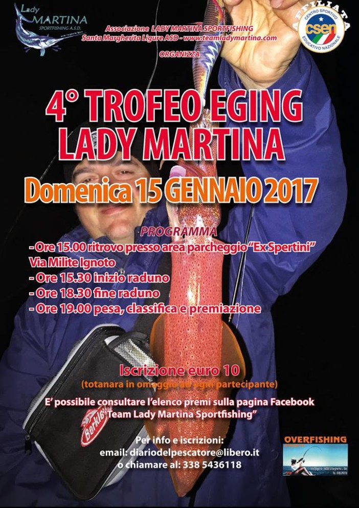 In programma domenica pomeriggio a Santa Margherita un nuovo trofeo di pesca organizzato dall'Asd Lady Martina Sportfishing In programma domenica pomeriggio a Santa Margherita un nuovo trofeo di pesca organizzato dall'Asd Lady Martina Sportfishing