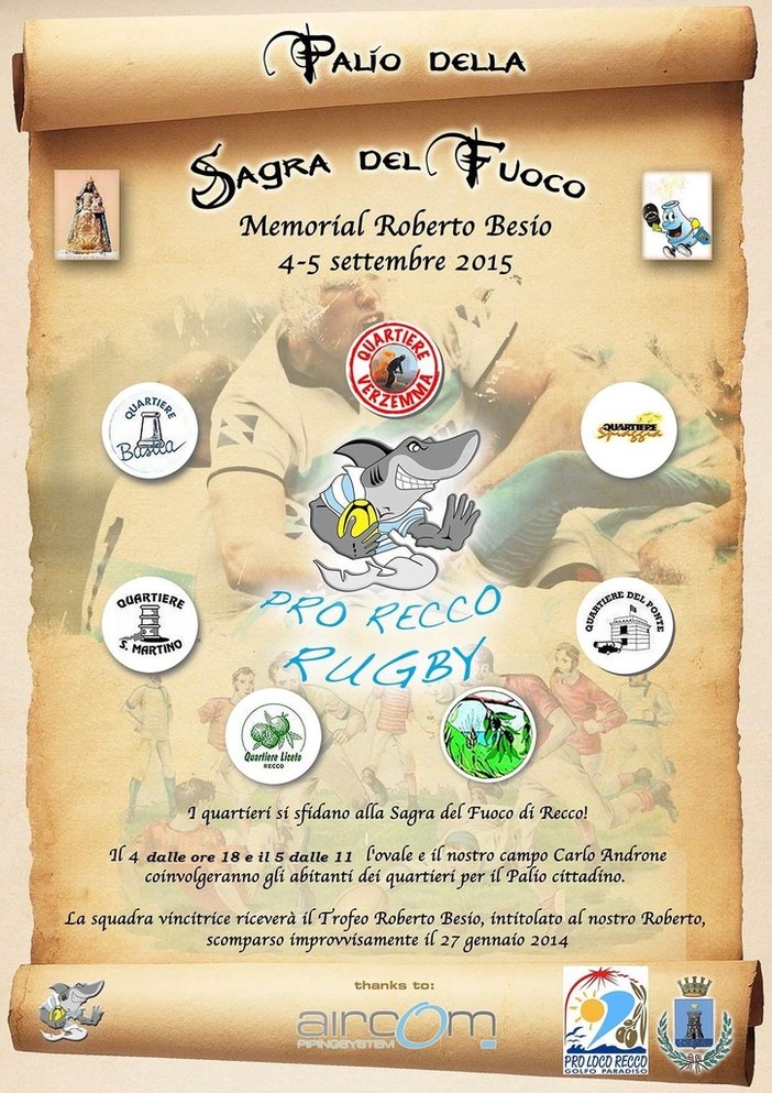 Venerdì e sabato a Recco seconda edizione del Palio rugbistico abbinato alla tradizionale Sagra del Fuoco